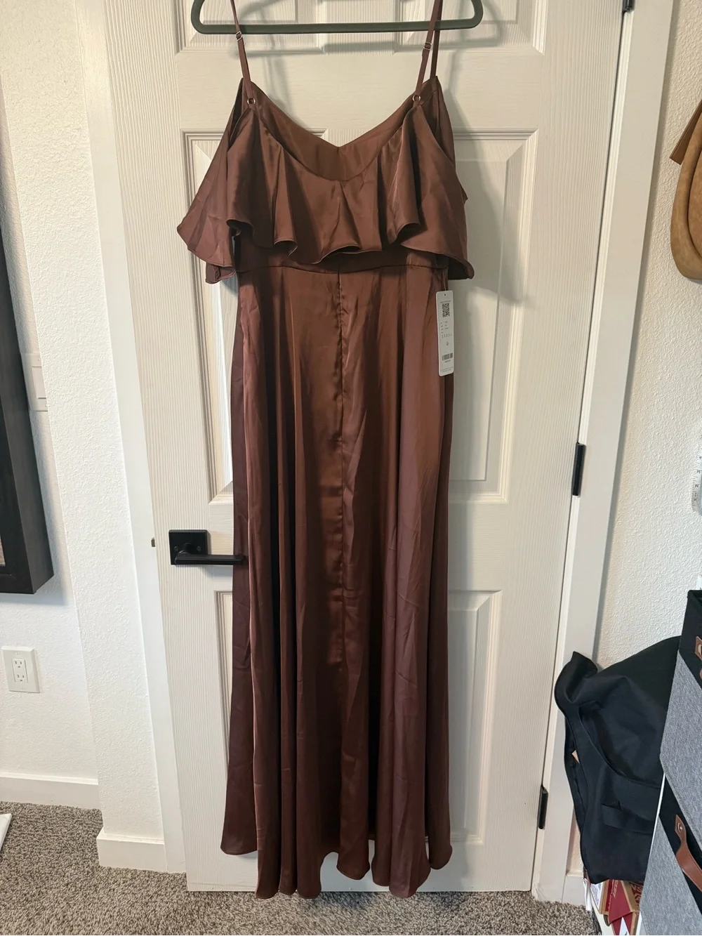 NWT Azazie Jean Bridesmaid Dress Espresso Stretch Satin Off-Shoulder Gown A10